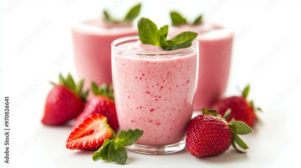 Glasses of Fresh Natural Strawberry Smoothie Garnished with Mint Leaves on White Background Glasses of Fresh Natural Strawberry Smoothie Garnished with Mint Leaves on White Background