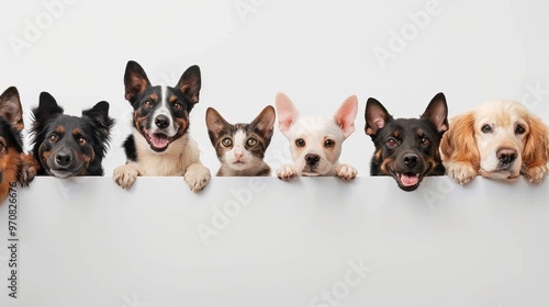 A row of dogs and cats are looking at the camera