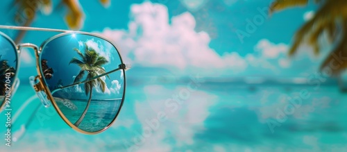 mirrored sunglasses on the beach with tropical palms against the sea view during the sunset