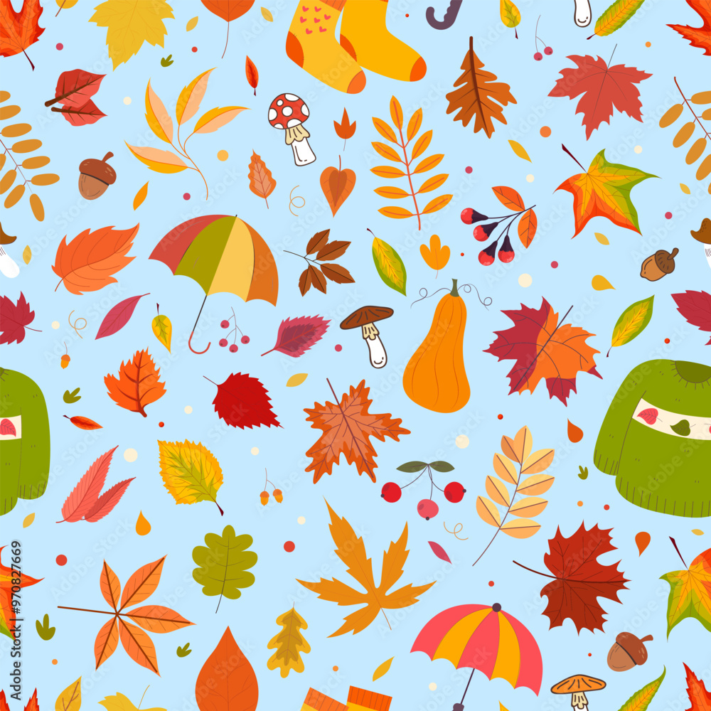Obraz premium Autumn, season, leaves, umbrellas, warm socks, mushrooms, berries, sweater, seamless pattern