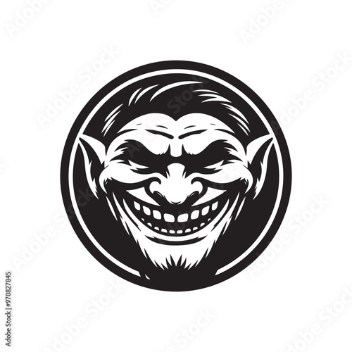 grinning goblin, circular emblem, monochrome illustration, mischievous expression, sharp features, bold lines, black and white artwork, fantasy creature, logo design, eerie and playful atmosphere
