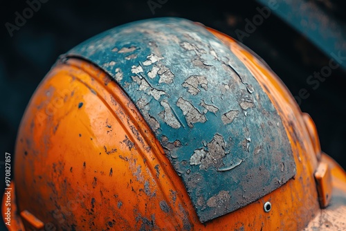 Close-up of an Orange Hard Hat with Peeling Blue Paint