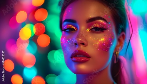 Glamorous Fashion Portrait of a Stunning Woman with Trendy Make-Up Bathed in Vivid Neon Lights and Colorful Bokeh Background