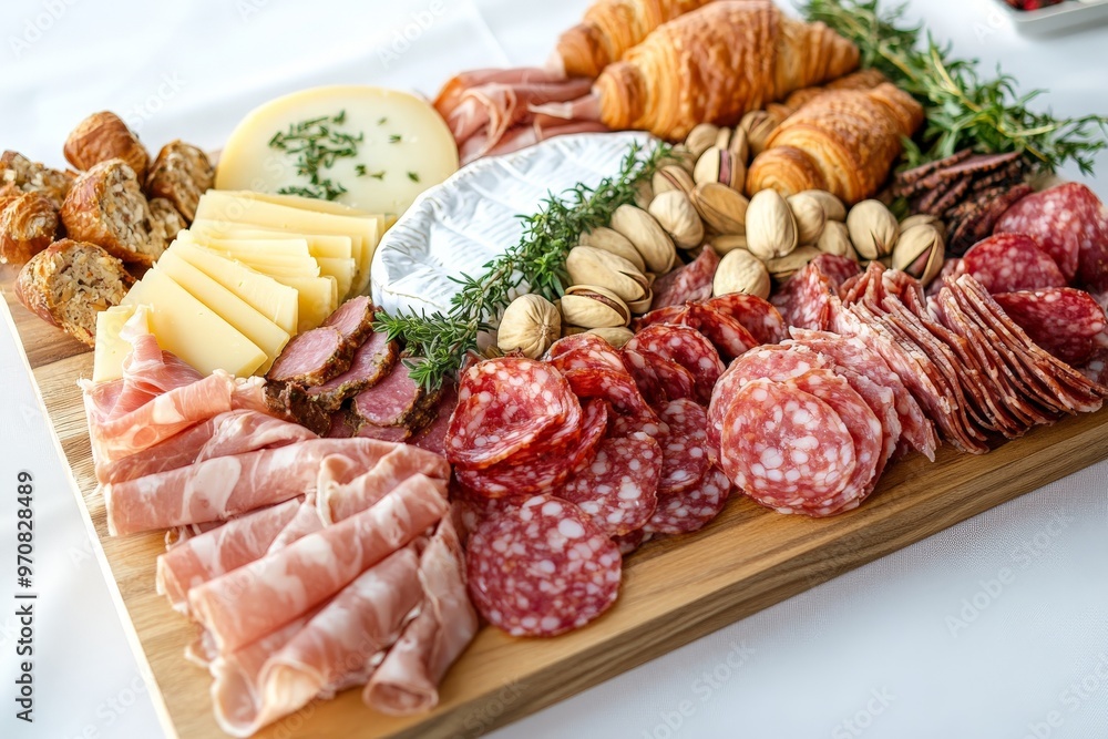 Gourmet charcuterie board with meats, cheese, and pastries Gourmet charcuterie board with meats, cheese, and pastries