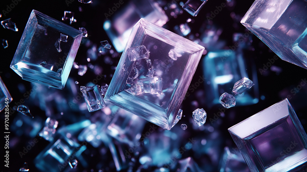 A dynamic and abstract arrangement of glass or transparent rectangular blocks. These blocks are suspended in mid-air, creating a sense of depth and three-dimensionality. A dynamic and abstract arrangement of glass or transparent rectangular blocks. These blocks are suspended in mid-air, creating a sense of depth and three-dimensionality.