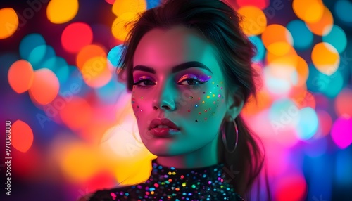 Glamorous Fashion Portrait of a Stunning Woman with Trendy Make-Up Bathed in Vivid Neon Lights and Colorful Bokeh Background