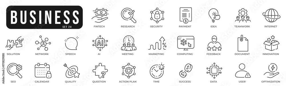 Business related original icons. Network, teamwork, payment, computing, seo, ai etc. Editable stroke. Set 24 Business related original icons. Network, teamwork, payment, computing, seo, ai etc. Editable stroke. Set 24