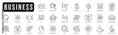 Business related original icons. Network, teamwork, payment, computing, seo, ai etc. Editable stroke. Set 25