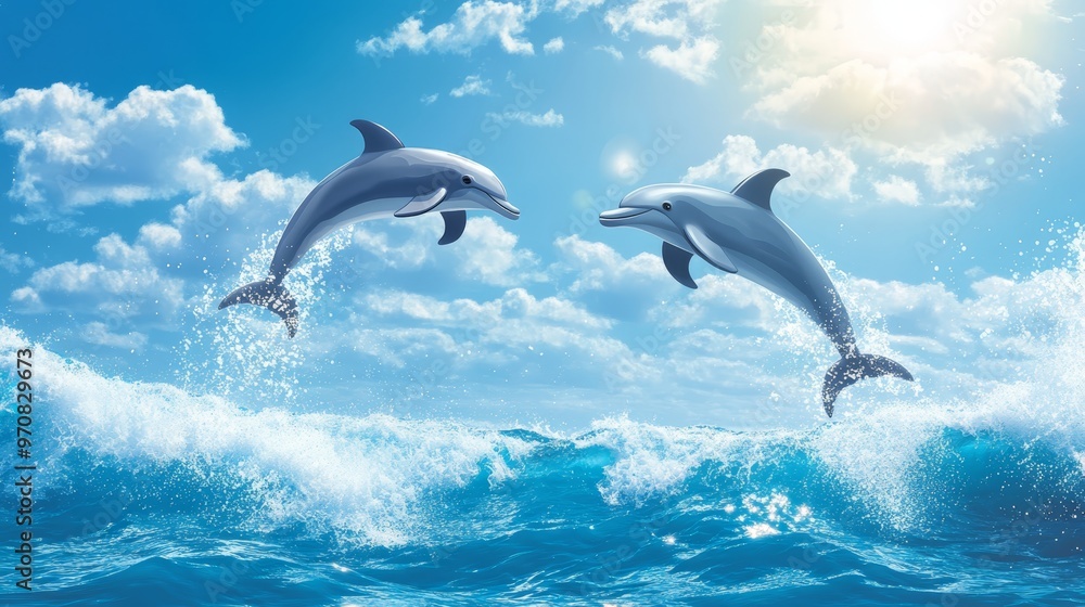 Fototapeta premium Two Dolphins Jumping Out of the Water
