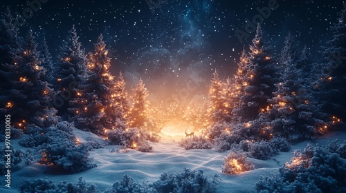 A magical winter forest with snow-covered trees, glowing lights, and a lone deer in the distance.