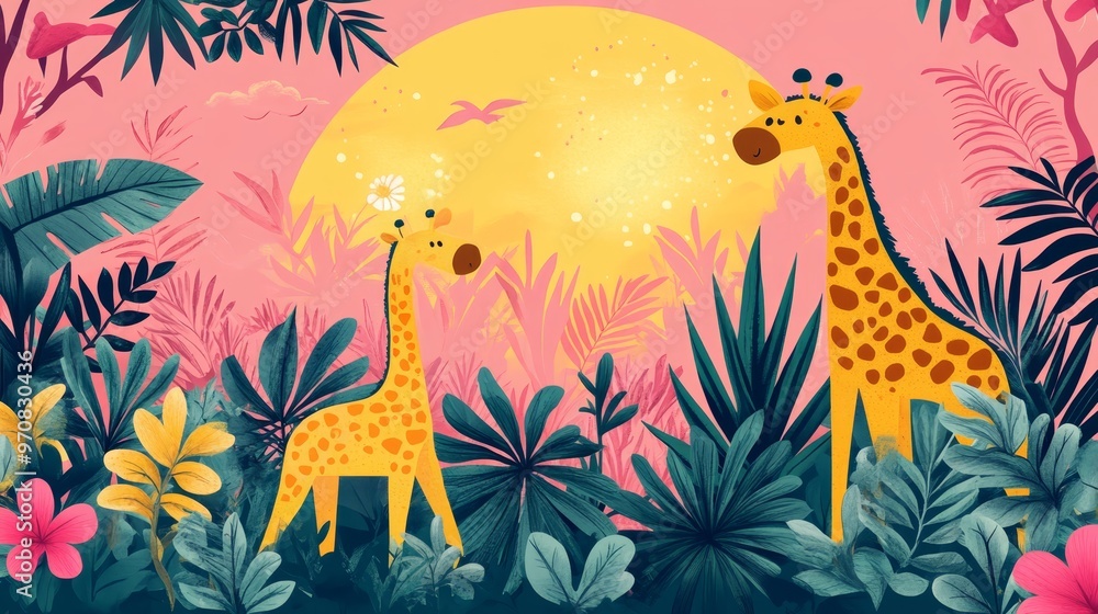 Giraffes in Tropical Jungle with Pink Sunset Giraffes in Tropical Jungle with Pink Sunset