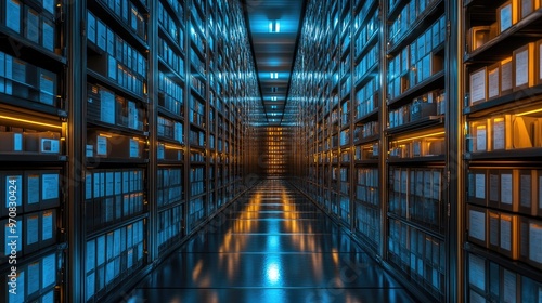 A long, narrow hallway lined with shelves, creating a futuristic and industrial aesthetic. The sleek, metallic surfaces reflect the blue and orange lights, creating a sense of depth and mystery.