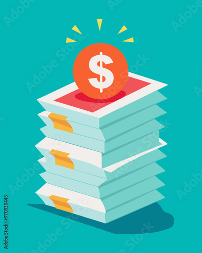 A stack of unpaid bills with a broken dollar sign on top a common sight during an economic crisis.. Vector illustration