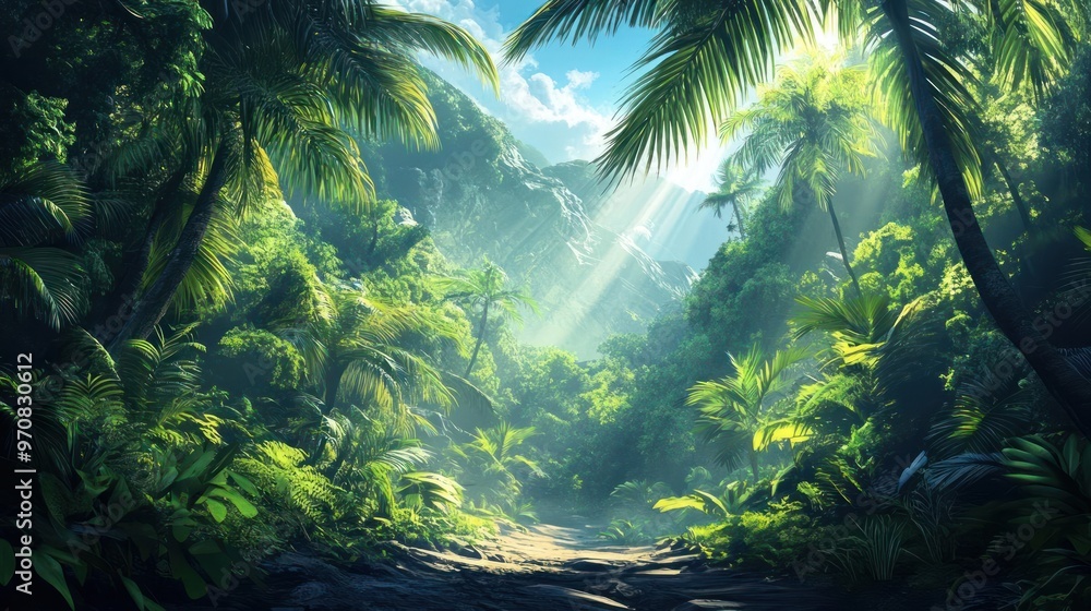 Vibrant and lush rainforest scene with a path leading to the dense jungle. Vibrant and lush rainforest scene with a path leading to the dense jungle.