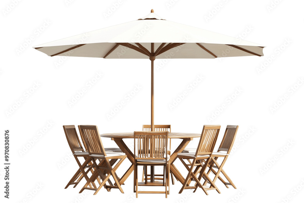 A round table with chairs and an umbrella for outdoor dining, isolated on a white background. A round table with chairs and an umbrella for outdoor dining, isolated on a white background.