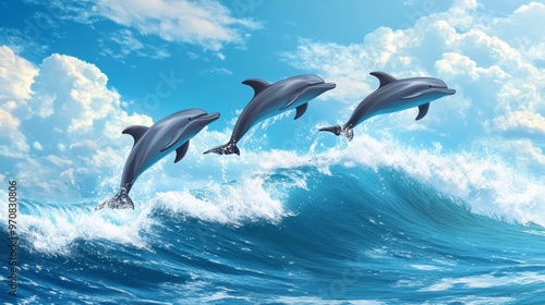 Three Dolphins Jumping Over Ocean Wave with Blue Sky and Clouds