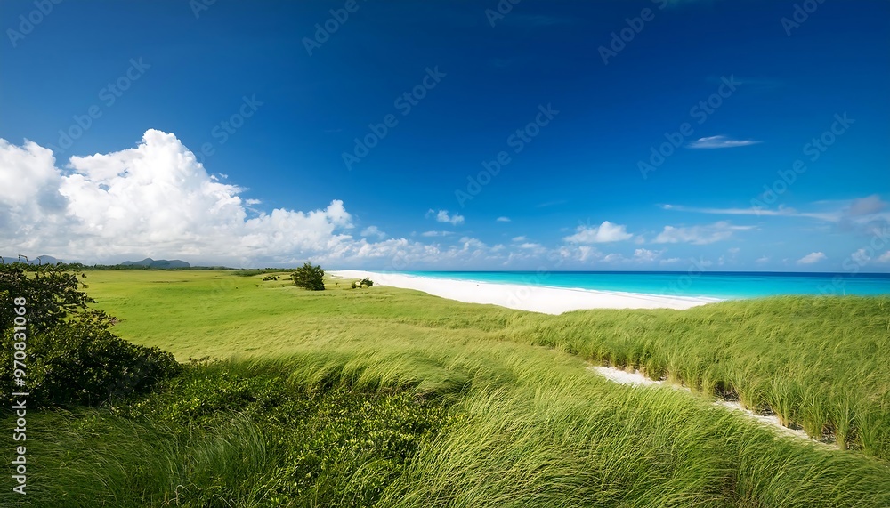 Obraz premium Tranquil Beach Scene with Blue Sky and Green Grass