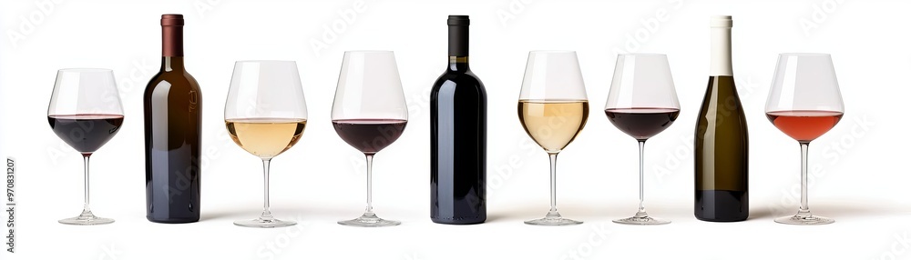 An elegant assortment of wine bottles and glasses showcasing a variety of red, white, and rose wines in a beautiful display.