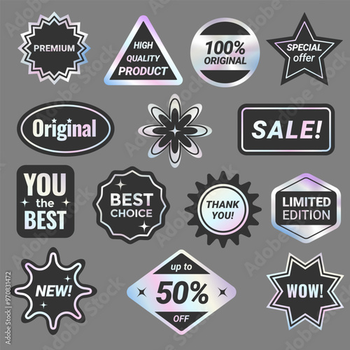Set of holographic vector stickers. Geometric shapes label with rainbow hologram
