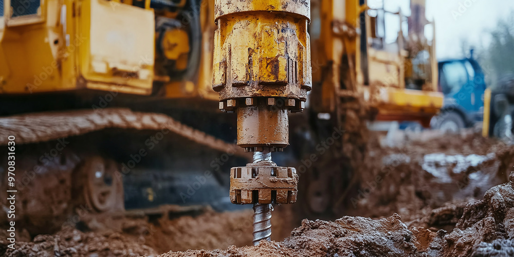 Fototapeta premium Close up of well drilling rig boring down into the earth