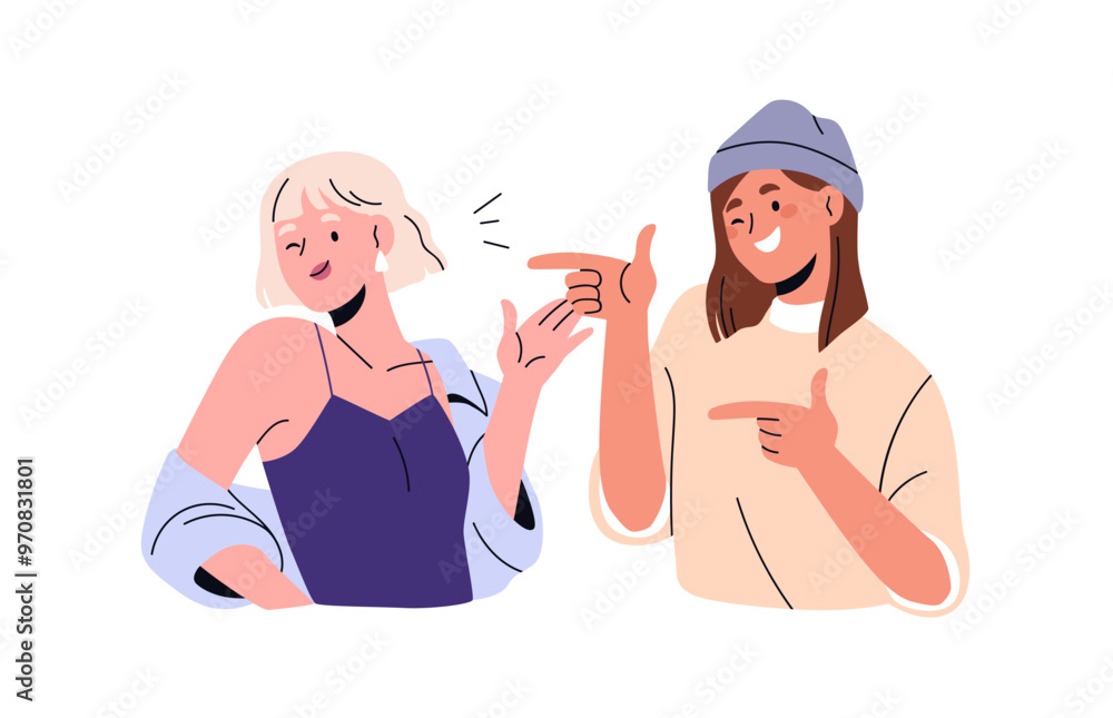 Happy girls flirting with joyful smile, gestures. Young happy women friends winking. Cheerful female characters, laughing, communication. Flat vector illustration isolated on white background Happy girls flirting with joyful smile, gestures. Young happy women friends winking. Cheerful female characters, laughing, communication. Flat vector illustration isolated on white background