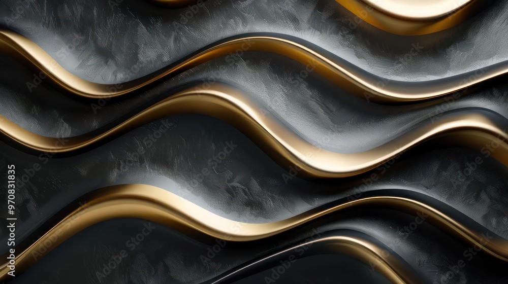 Surface of a textured metal with golden cracks and wavy lines Surface of a textured metal with golden cracks and wavy lines