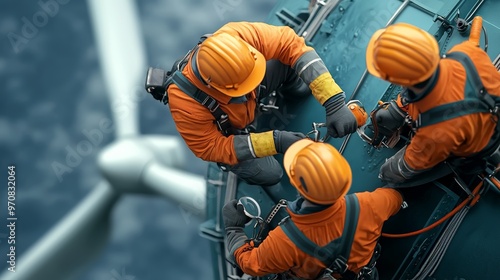 Renewable energy workers installing wind turbines