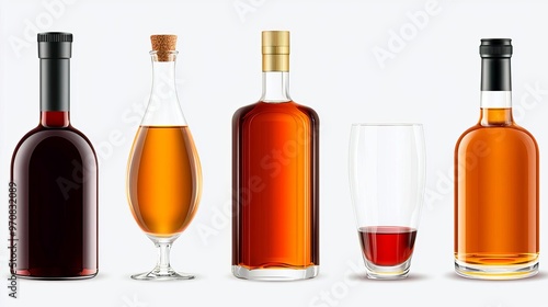 A collection of various alcohol bottles and a glass, showcasing rich colors and elegant designs, perfect for beverage-related themes.