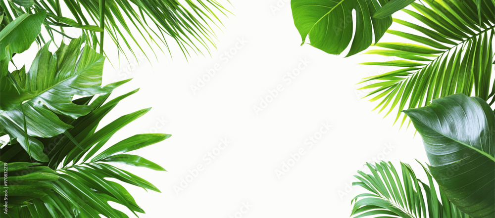 Isolated palm leaves on a white background, with a green tropical leaf border frame and copy space for text and design. Isolated palm leaves on a white background, with a green tropical leaf border frame and copy space for text and design.