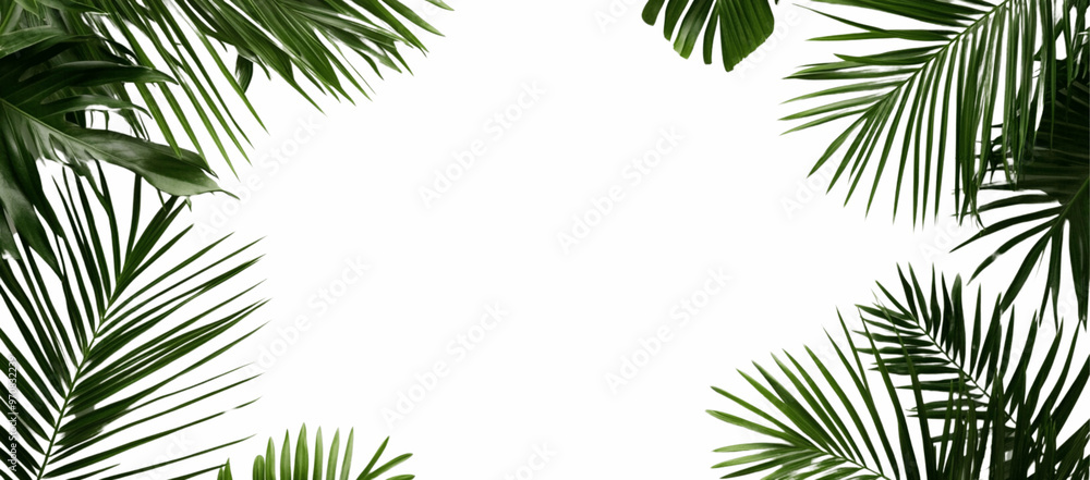 Isolated palm leaves on a white background, with a green tropical leaf border frame and copy space for text and design. Isolated palm leaves on a white background, with a green tropical leaf border frame and copy space for text and design.