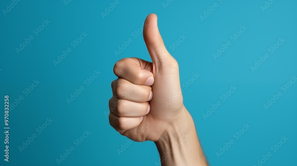 Hand makes thumbs up gesture on blue background. Hand makes thumbs up gesture on blue background.