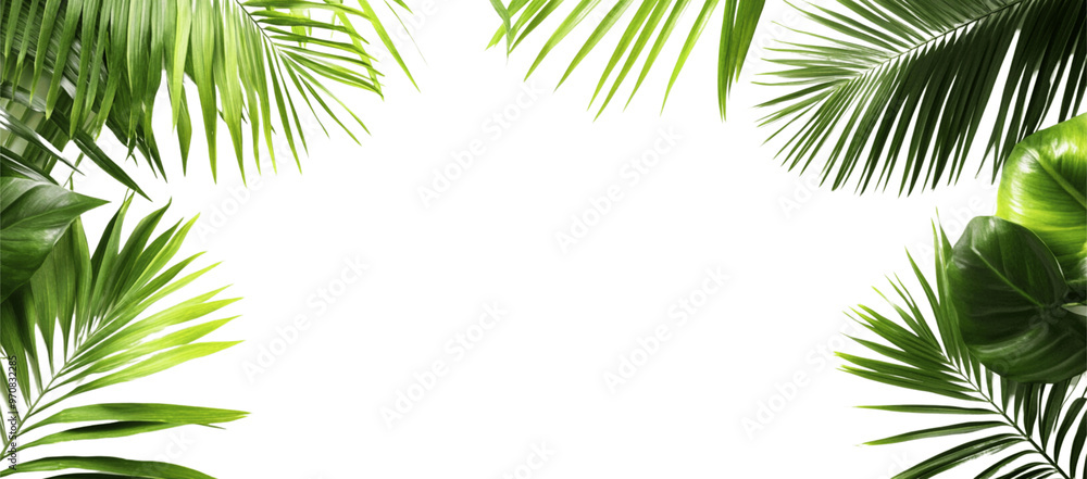 Isolated palm leaves on a white background, with a green tropical leaf border frame and copy space for text and design. Isolated palm leaves on a white background, with a green tropical leaf border frame and copy space for text and design.