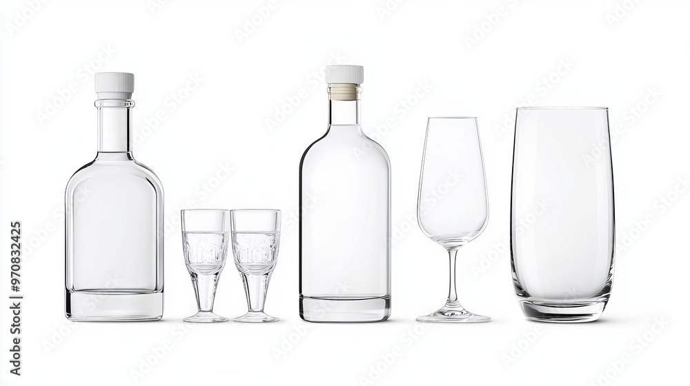 A minimalist arrangement of clear glassware, featuring bottles and various glass types, perfect for beverage presentations. A minimalist arrangement of clear glassware, featuring bottles and various glass types, perfect for beverage presentations.