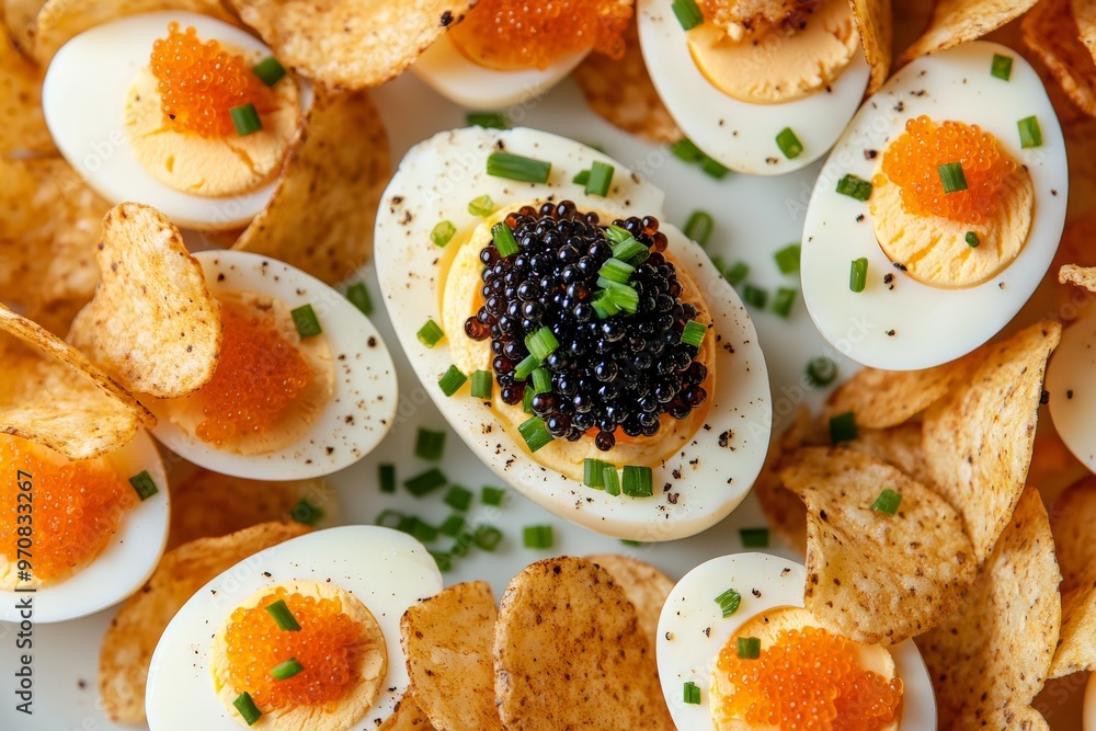 Gourmet deviled eggs with caviar and chives on a bed of crispy potato chips Gourmet deviled eggs with caviar and chives on a bed of crispy potato chips