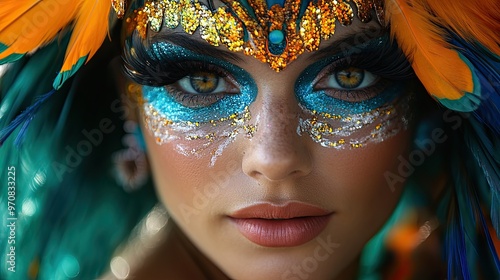 19. A close-up of a Carnival dancer s elaborate face paint, her eyes sparkling with excitement as she prepares to perform in the parade photo