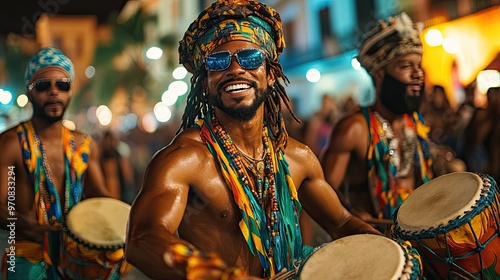 18. A group of drummers beating their drums in unison, their expressions focused and passionate, leading a street parade during Rio Carnival