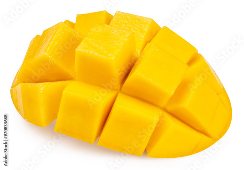 Yellow Mango cut into cubes on white background, Sweet Yellow Mango tropical fruit isolate on white with clipping path.