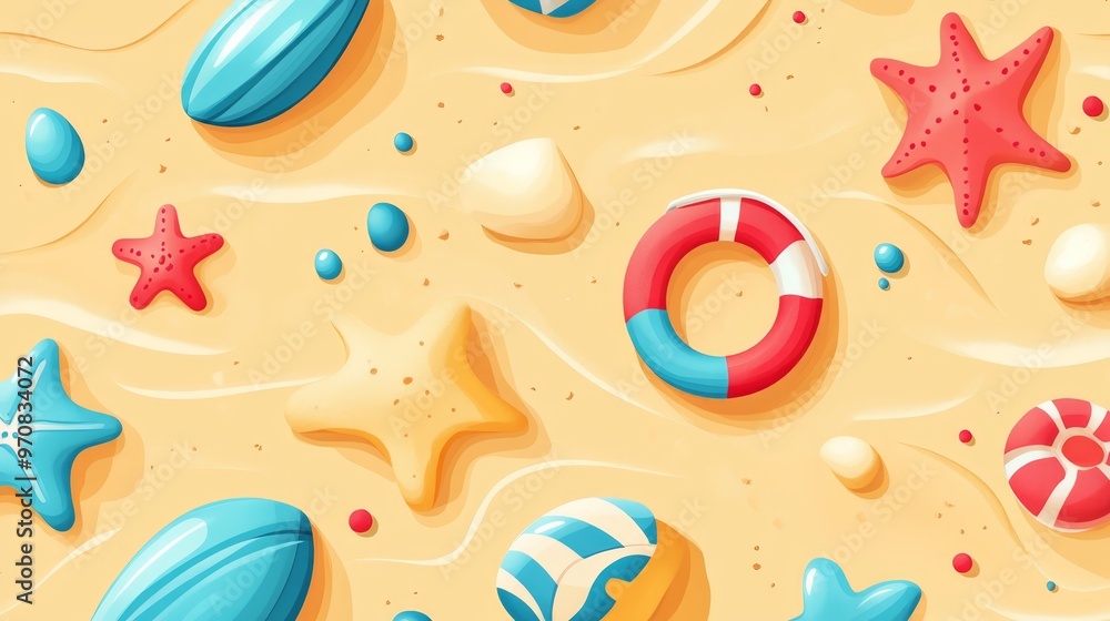 Summer Beach Pattern with Seashells Starfish and Lifebuoy Summer Beach Pattern with Seashells Starfish and Lifebuoy