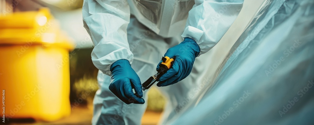 Close-up of a pest control expert setting up a containment unit dressed in protective gear inside a quarantined zone