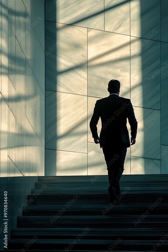 Fototapeta premium Businessman walking up stairs in modern building