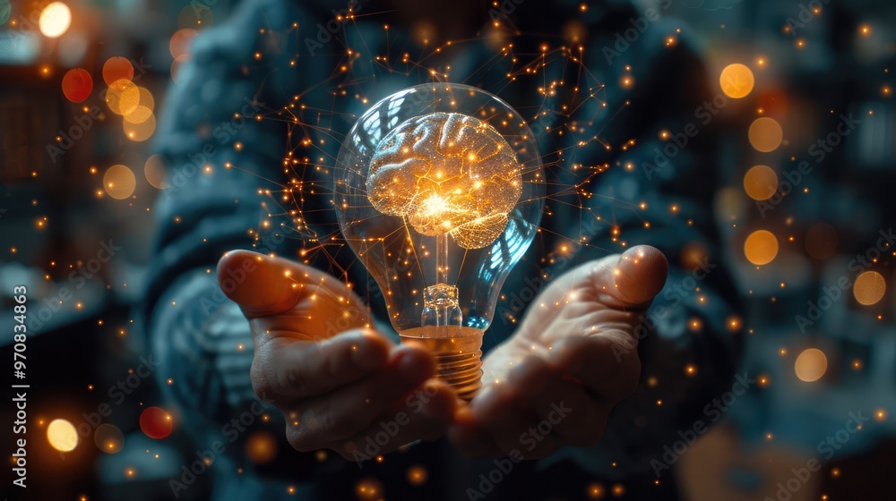 A man holds an illuminated light bulb in his hands with digital brain inside. The concept for working with business idea. A man holds an illuminated light bulb in his hands with digital brain inside. The concept for working with business idea.