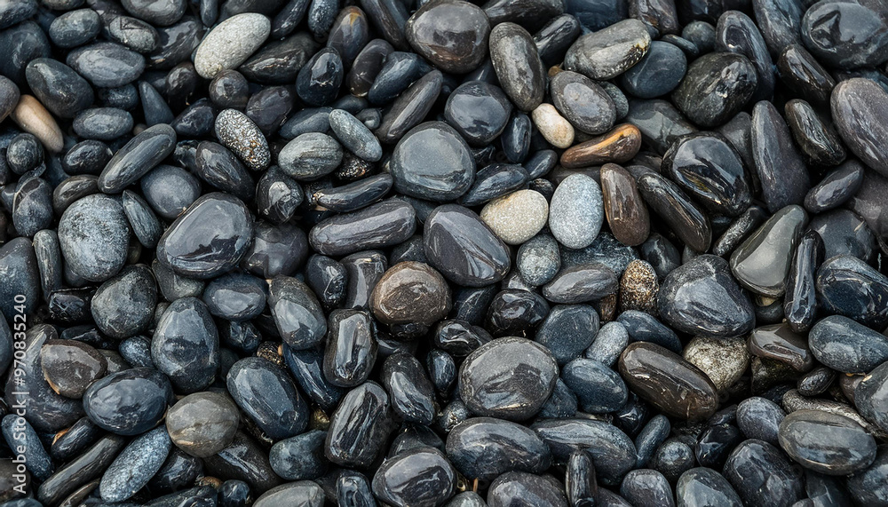 Smooth wet pebbles, texture background. Sea or ocean shore beach. Top view. Smooth wet pebbles, texture background. Sea or ocean shore beach. Top view.
