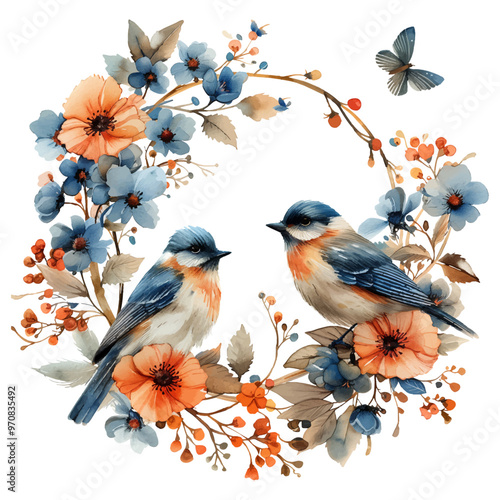 Flower wreath, flowers and leaves with birds and butterflies making a circle in watercolor painting on a white background, Vector, drawing, illustration, clip art
