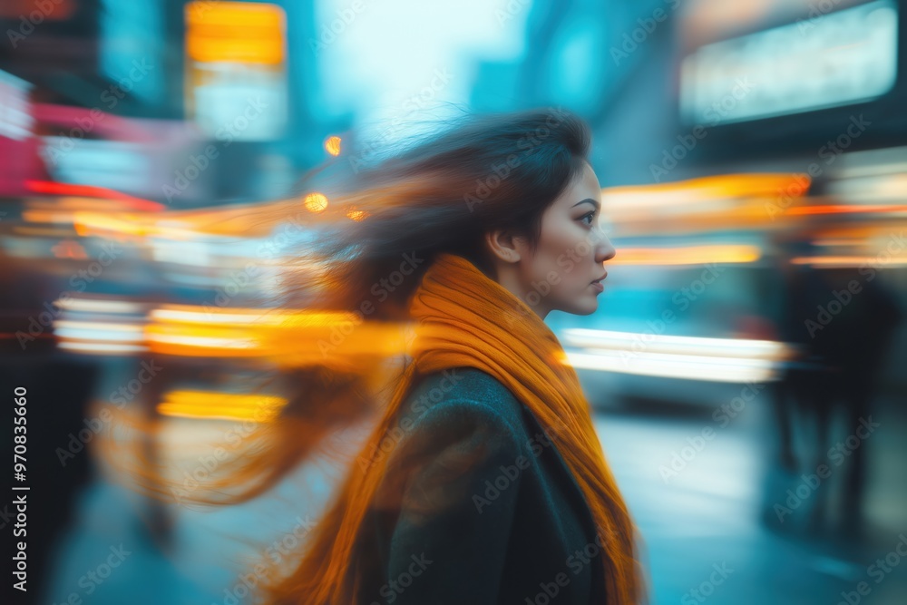 Young woman walking through busy city with motion blur Young woman walking through busy city with motion blur
