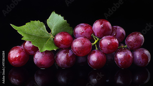 Fresh ripe red grapes with green leaves on black background create vibrant and appealing display. glistening surface adds touch of freshness and allure