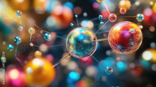 Abstract 3D rendering of colorful spheres connected by lines against a blurred background.