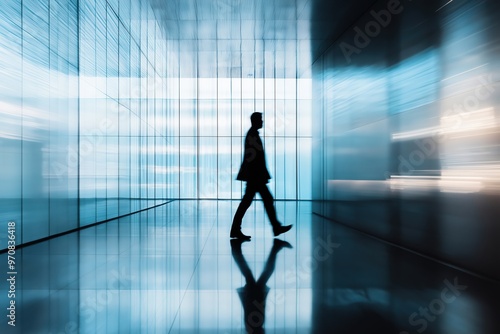 Businessman walking in modern office building corridor