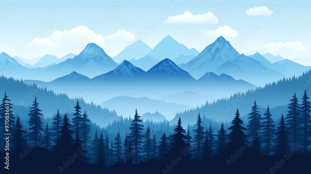 Blue Mountains Landscape with Pine Forest Silhouette Blue Mountains Landscape with Pine Forest Silhouette