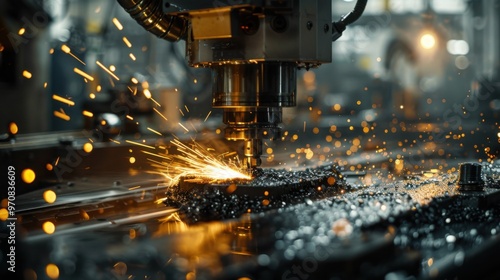 Industrial machine working on metal with flying sparks in factory