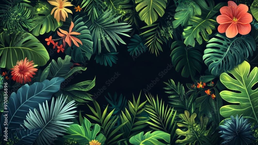 Tropical Leaves and Flowers Frame Background Tropical Leaves and Flowers Frame Background
